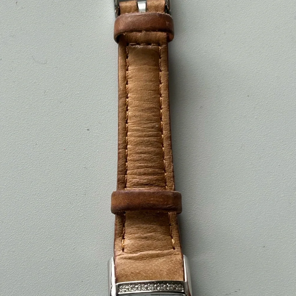 Armani leather band square watch 3 hands diamond bezel simulates new battery